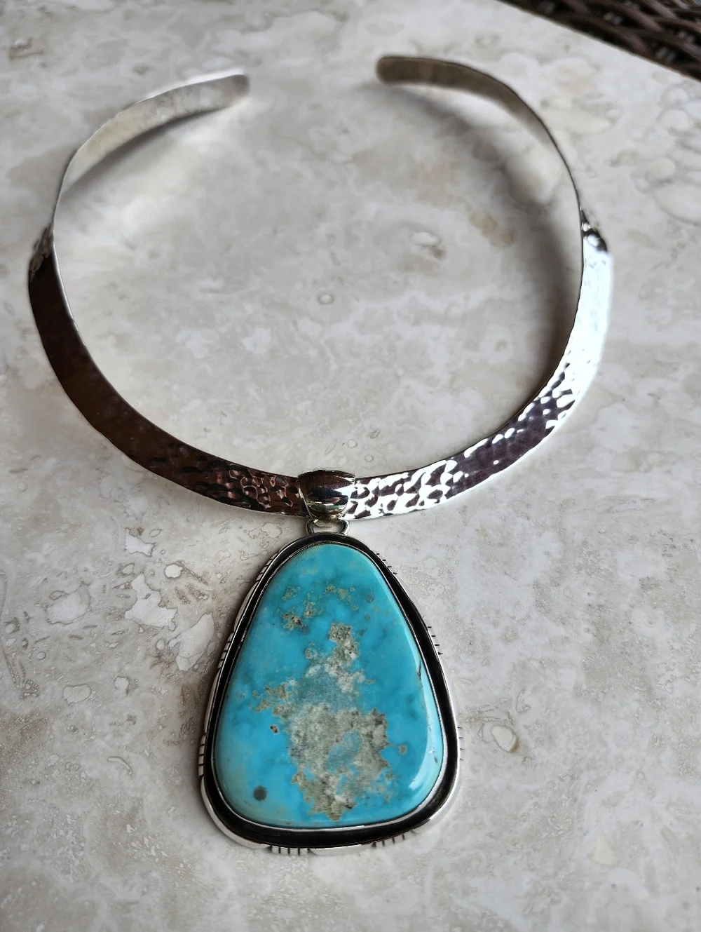 Sterling Silver Navajo SIGNED Huge Turquoise Necklace - Picture 10 of 17